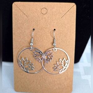 Silver Tone Lotus Flower Earrings, NWT